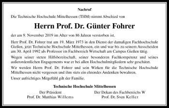 Traueranzeige von Günter Fohrer von Giessener Allgemeine, Alsfelder Allgemeine