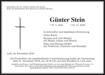 Traueranzeige von Günter Stein von Giessener Allgemeine, Alsfelder Allgemeine