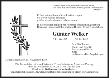 Traueranzeige von Günter Welker von Giessener Allgemeine, Alsfelder Allgemeine