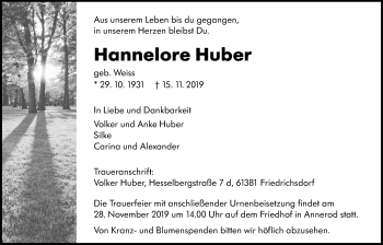 Traueranzeige von Hannelore Huber von Giessener Allgemeine, Alsfelder Allgemeine