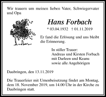 Traueranzeige von Hans Forbach von Giessener Allgemeine, Alsfelder Allgemeine
