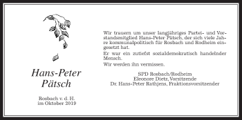 Traueranzeige von Hans-Peter Pätsch von Wetterauer Zeitung