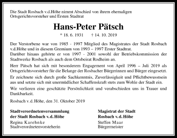 Traueranzeige von Hans-Peter Pätsch von Wetterauer Zeitung