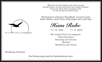 Traueranzeige von Hans Rohe von Wetterauer Zeitung