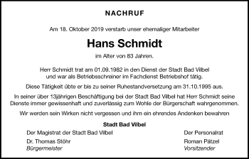 Traueranzeige von Hans Schmidt von Bad Vilbel/Karben