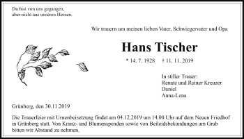 Traueranzeige von Hans Tischer von Giessener Allgemeine, Alsfelder Allgemeine