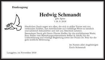 Traueranzeige von Hedwig Schmandt von Giessener Allgemeine, Alsfelder Allgemeine