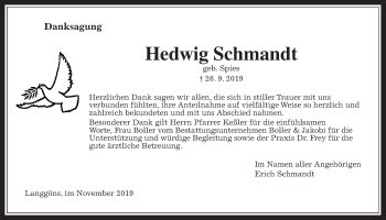 Traueranzeige von Hedwig Schmandt von Wetterauer Zeitung
