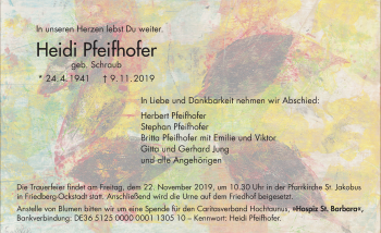 Traueranzeige von Heidi Pfeifhofer von Wetterauer Zeitung