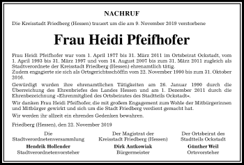 Traueranzeige von Heidi Pfeifhofer von Wetterauer Zeitung