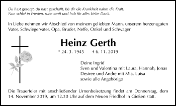 Traueranzeige von Heinz Gerth von Giessener Allgemeine, Alsfelder Allgemeine