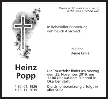 Traueranzeige von Heinz Popp von Wetterauer Zeitung