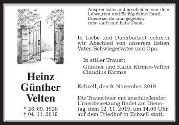 Traueranzeige von Heinz Günther Velten von Wetterauer Zeitung