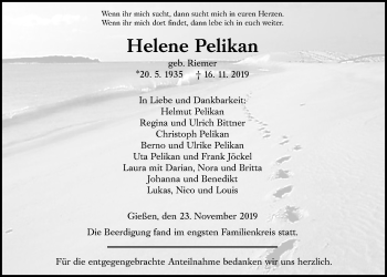 Traueranzeige von Helene Pelikan von Giessener Allgemeine, Alsfelder Allgemeine