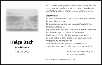 Traueranzeige von Helga Bach von Giessener Allgemeine, Alsfelder Allgemeine