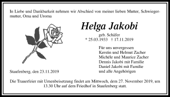 Traueranzeige von Helga Jakobi von Giessener Allgemeine, Alsfelder Allgemeine