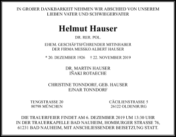 Traueranzeige von Helmut Hauser von Wetterauer Zeitung