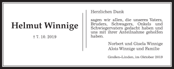 Traueranzeige von Helmut Winnige von Giessener Allgemeine, Alsfelder Allgemeine