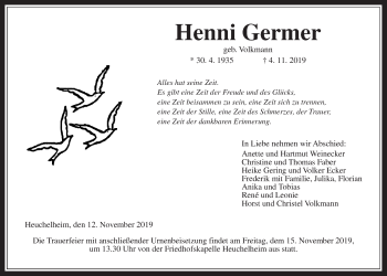 Traueranzeige von Henni Germer von Giessener Allgemeine, Alsfelder Allgemeine