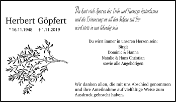 Traueranzeige von Herbert Göpfert von Giessener Allgemeine, Alsfelder Allgemeine