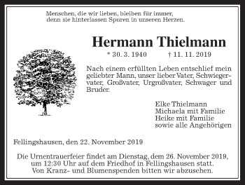 Traueranzeige von Hermann Thielmann von Giessener Allgemeine, Alsfelder Allgemeine