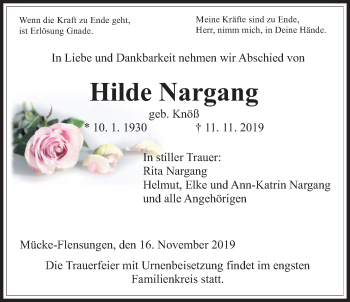 Traueranzeige von Hilde Nargang von Alsfelder Allgemeine