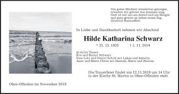 Traueranzeige von Hilde Katharina Schwarz von Alsfelder Allgemeine