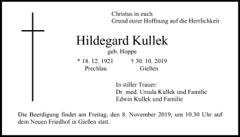 Traueranzeige von Hildegard Kullek von Giessener Allgemeine, Alsfelder Allgemeine