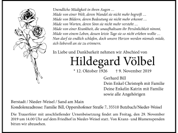 Traueranzeige von Hildegard Völbel von Wetterauer Zeitung