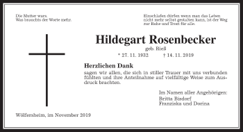 Traueranzeige von Hildegart Rosenbecker von Wetterauer Zeitung