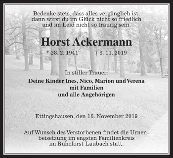 Traueranzeige von Horst Ackermann von Giessener Allgemeine, Alsfelder Allgemeine