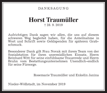 Traueranzeige von Horst Traumüller von Wetterauer Zeitung