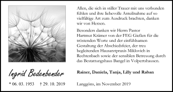 Traueranzeige von Ingrid Bedenbender von Giessener Allgemeine, Alsfelder Allgemeine