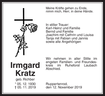 Traueranzeige von Irmgard Kratz von Alsfelder Allgemeine