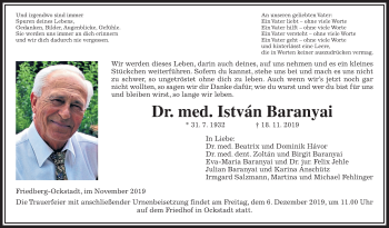 Traueranzeige von István Baranyai von Wetterauer Zeitung