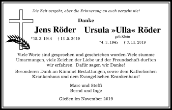 Traueranzeige von Jens Röder von Giessener Allgemeine, Alsfelder Allgemeine
