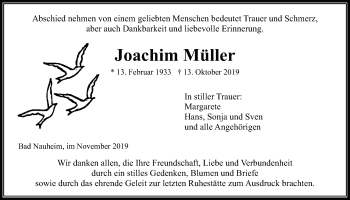 Traueranzeige von Joachim Müller von Wetterauer Zeitung