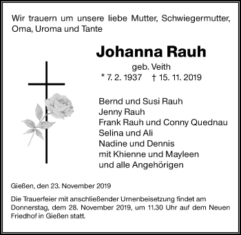 Traueranzeige von Johanna Rauh von Giessener Allgemeine, Alsfelder Allgemeine