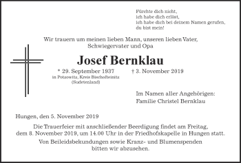 Traueranzeige von Josef Bernklau von Giessener Allgemeine, Alsfelder Allgemeine