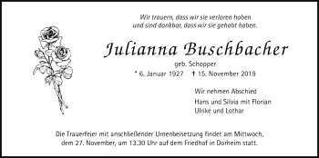 Traueranzeige von Julianna Buschbacher von Wetterauer Zeitung