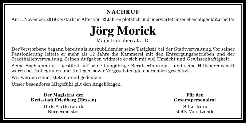  Traueranzeige für Jörg Morick vom 09.11.2019 aus Wetterauer Zeitung