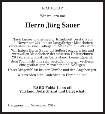 Traueranzeige von Jörg Sauer von Giessener Allgemeine, Alsfelder Allgemeine