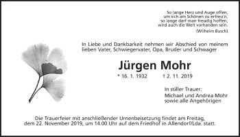 Traueranzeige von Jürgen Mohr von Giessener Allgemeine, Alsfelder Allgemeine