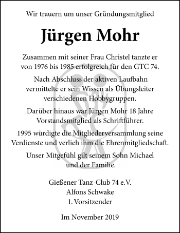 Traueranzeige von Jürgen Mohr von Alsfelder Allgemeine, Giessener Allgemeine