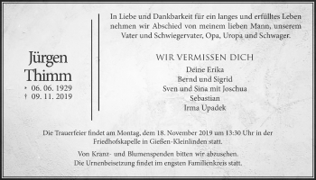 Traueranzeige von Jürgen Thimm von Giessener Allgemeine, Alsfelder Allgemeine