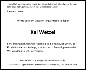 Traueranzeige von Kai Wetzel von Wetterauer Zeitung