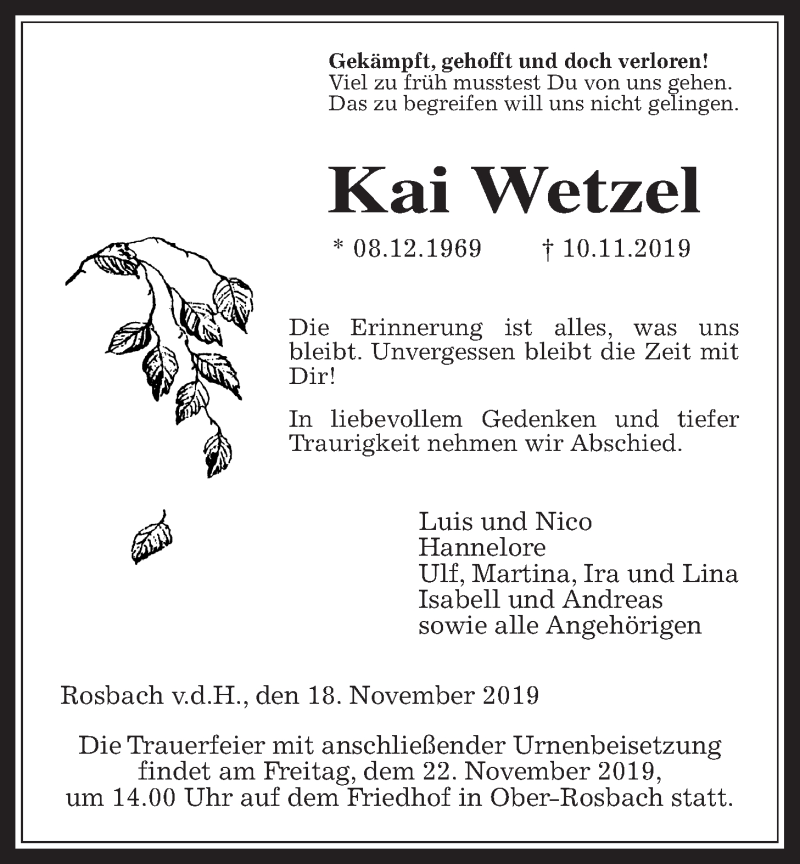  Traueranzeige für Kai Wetzel vom 18.11.2019 aus Wetterauer Zeitung