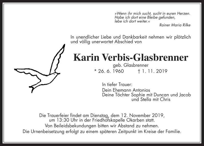  Traueranzeige für Karin Verbis-Glasbrenner vom 09.11.2019 aus Wetterauer Zeitung