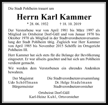 Traueranzeige von Karl Kammer von Pohlheimer Nachrichten