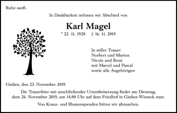 Traueranzeige von Karl Magel von Giessener Allgemeine, Alsfelder Allgemeine